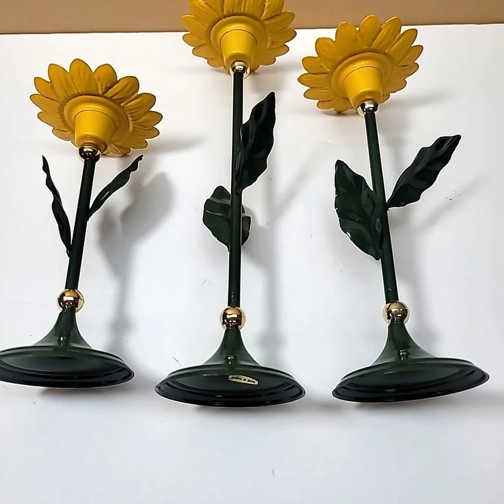 Set of‎ 3 Yellow/Green Metal Sunflower/Daisy Candlestick Holders-Cottage-Spring